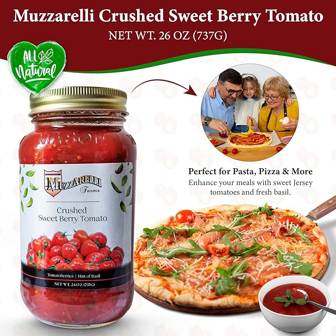 Muzzarelli Farms Crushed Sweet Berry Tomato with Basil, 26 OZ, Quantity Discounts, Multi-Packs