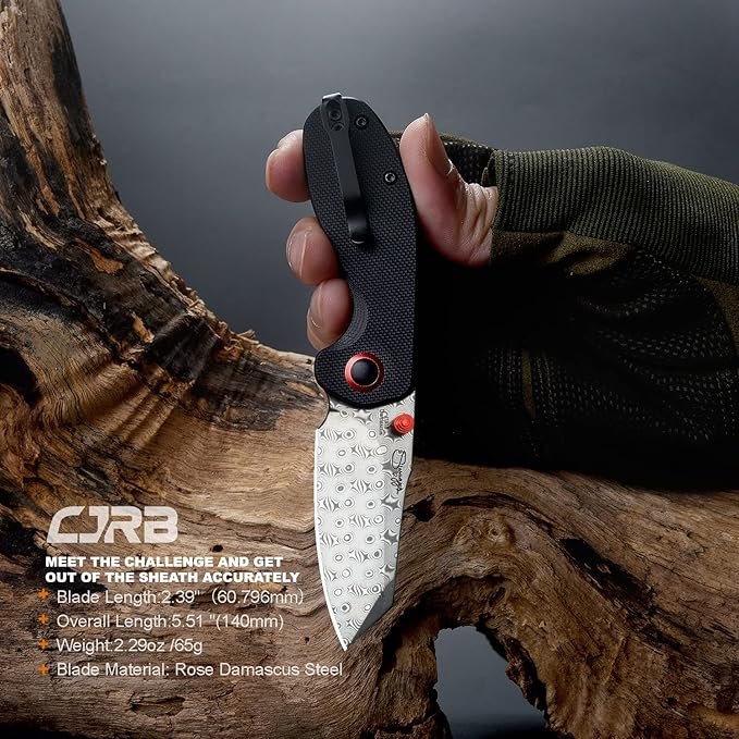 CJRB Maileah pocket knife, folding knife with 2.39'' Damascus Steel Blade, Black G10 Handle EDC