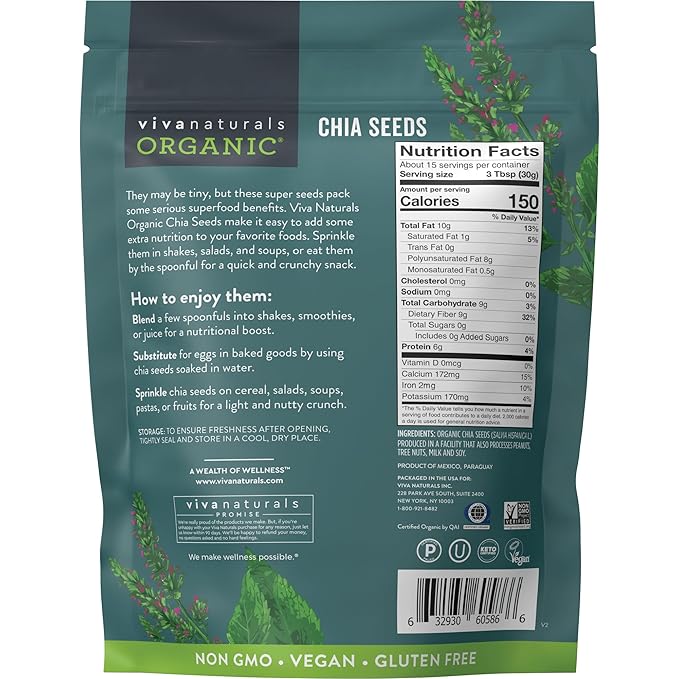Viva Naturals Organic Chia Seeds, 1 lb (454 g) – Plant-Based Omega-3 and Vegan Protein, Gluten Free