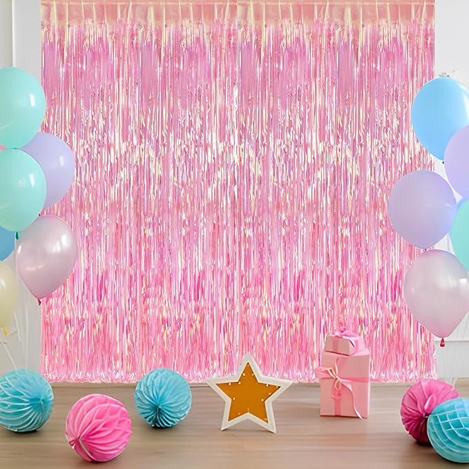 BRAVESHINE Clear Pink Streamers Party Decorations Iridescent Foil Fringe Backdrop - 2 Pack 3.2 x