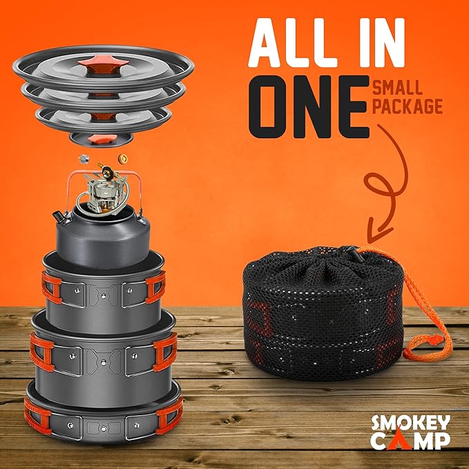 Camping Cookware Mess Kit Set with Stove - Backpacking Camping Pots and Pans Set, All in One