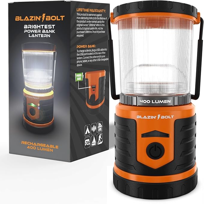 Blazin Bolt Rugged USB Rechargeable Lantern | 6000mAh Power Bank | 400 Lumen | 400 Hours of Light |
