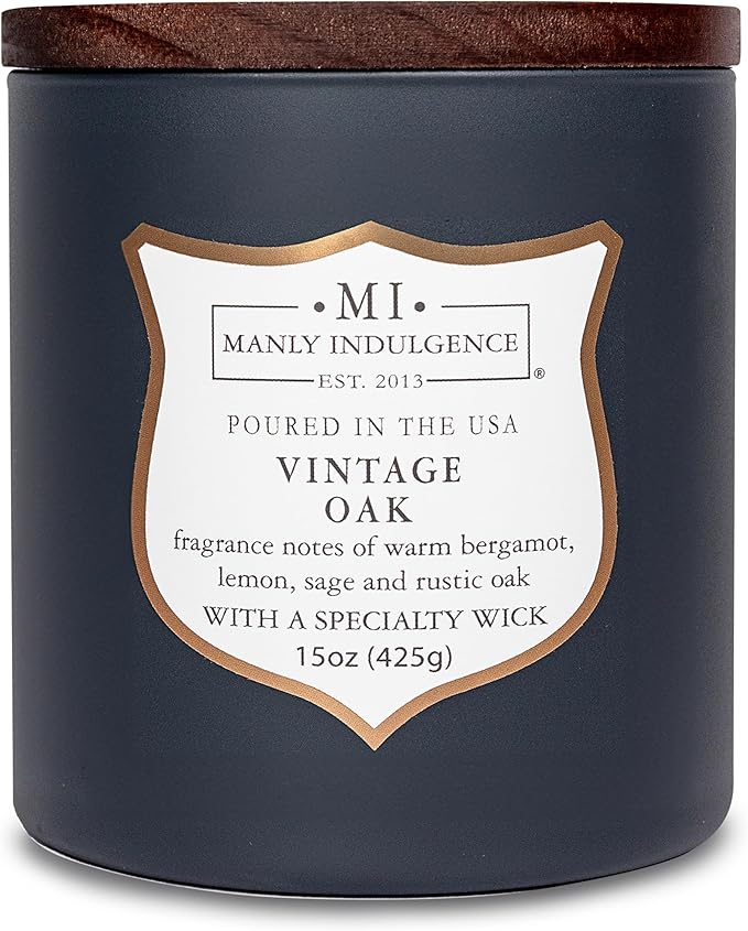 Manly Indulgence Vintage Oak Scented Candles for Men, 15 oz Wooden Wick, Premium Soy Blend Wax, 60H