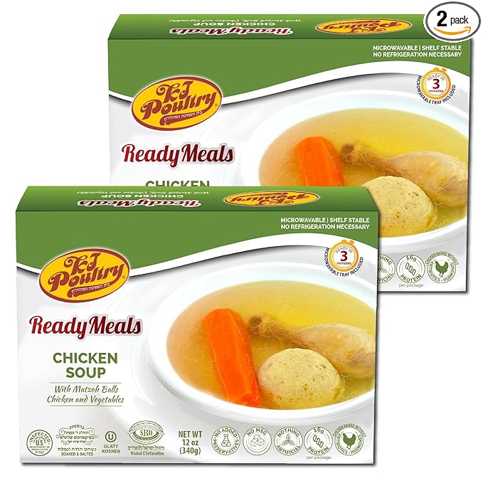 KJ Poultry Kosher Ready Meals - Matza Ball Chicken Soup & Vegetables, CHOMETZ NOT for PASSOVER, MRE