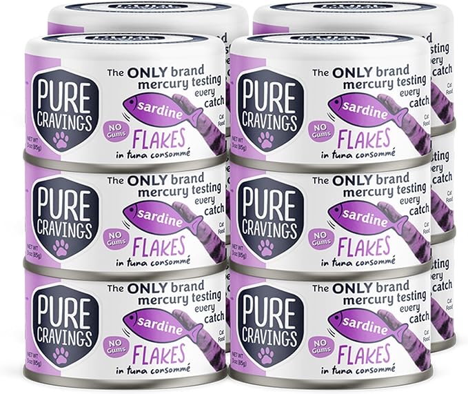 Pure Cravings Sardine Flakes in Tuna Consommé, Canned Wet Cat Food Soup, 100% Mercury-Tested, Moist