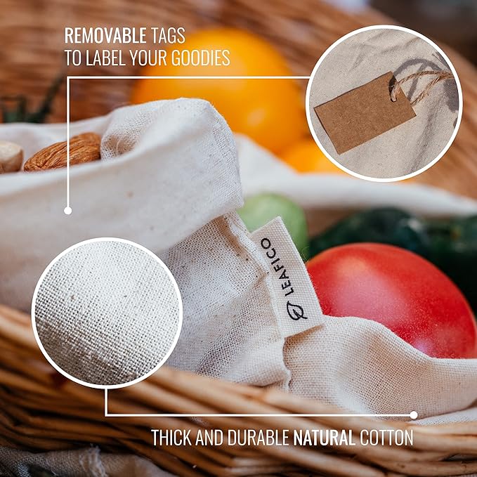 LEAFICO Multipurpose Eco Cloth Bags - Large 10x12 Inch (12 Pack) - Cotton Produce Storage Sacks