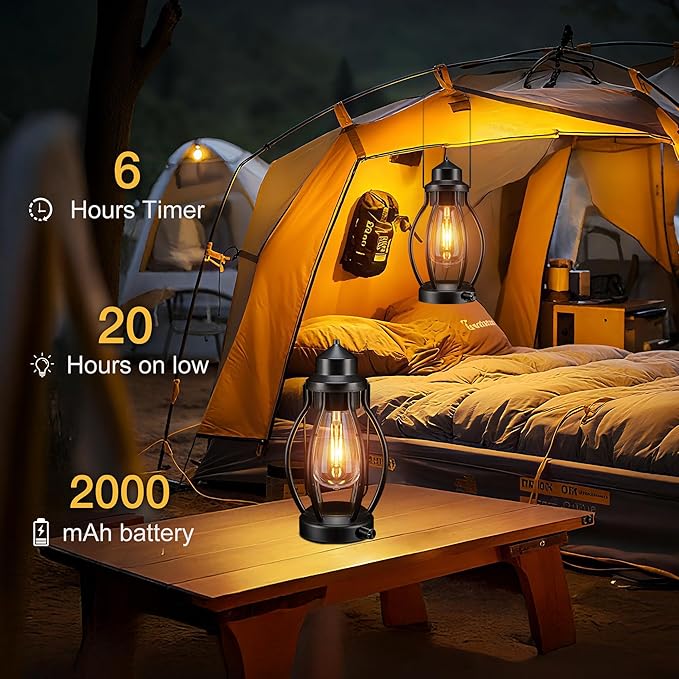 Rechargeable Outdoor Camping Lanterns 2Pack, Vintage Dimmable Hanging Outdoor Camping Lights with