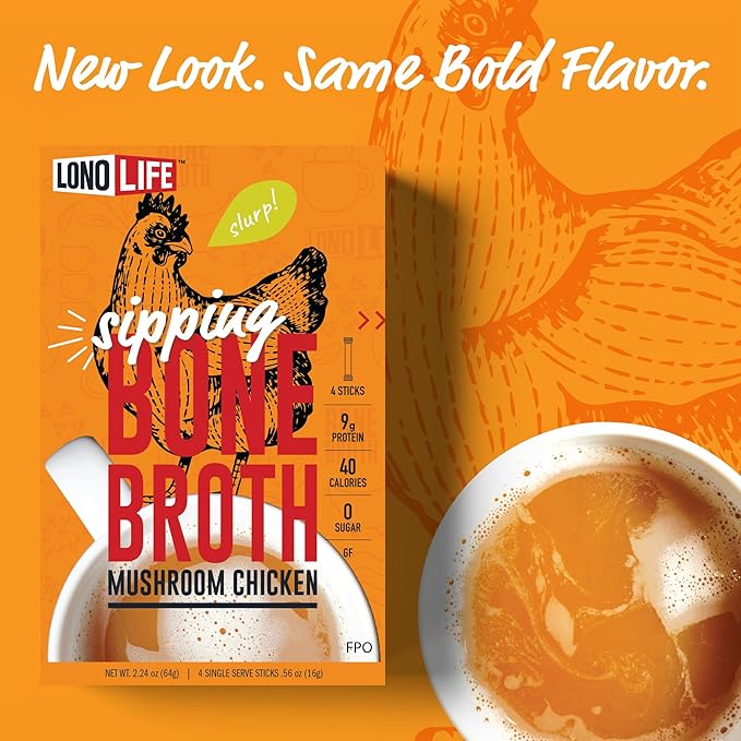 LonoLife Mushroom Chicken Bone Broth Powder Mix | 10g Protein | Collagen-Rich, Keto & Paleo