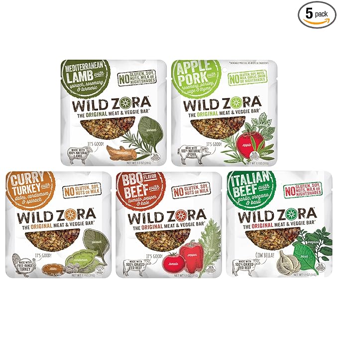 Wild Zora Meat & Veggie Bars, Variety 5-Pack, Natural Pork, Beef, Lamb, & Turkey Jerky Snacks