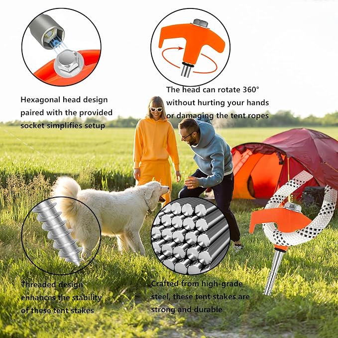 8" Tent Stakes Heavy Duty 12 Pack, Screw in Tent Stakes, Metal Threaded Camping Stakes, Ground