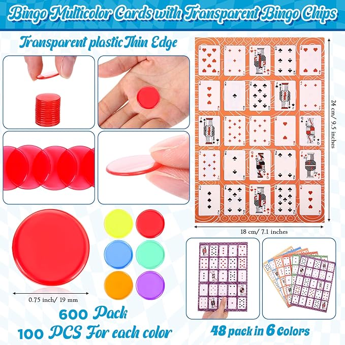 Zubebe 654 Pack Poker Keno Game Set, 6 Deck of Multicolor Playing Cards, 600 Transparent Scoring