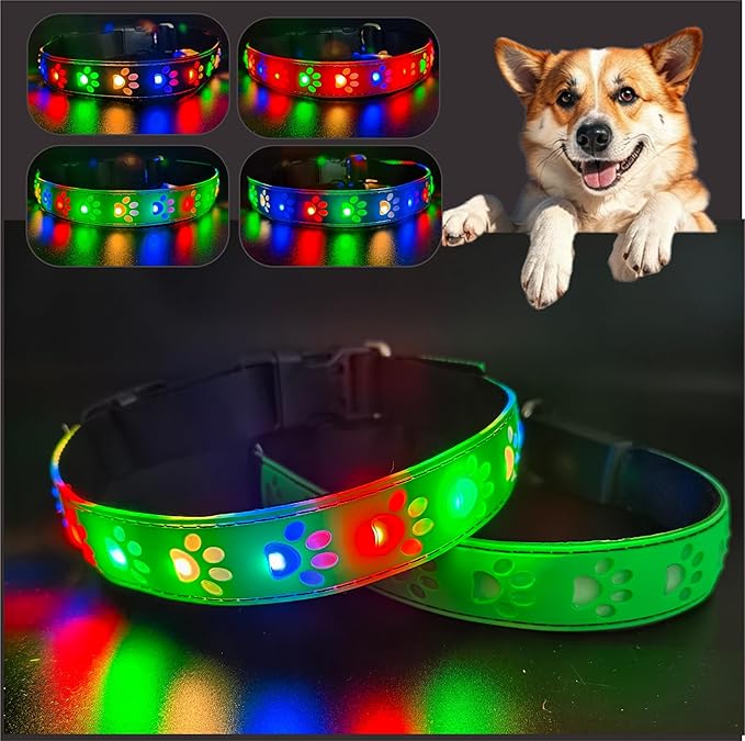LED Light Up Dog Collar, USB-C Rechargeable, Multicolor Paw Print Design, 15 Modes Lighting Night