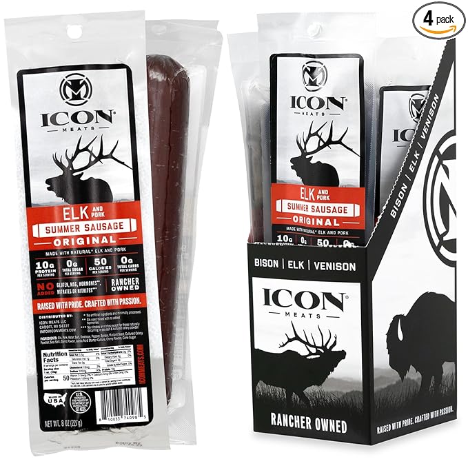ICON Meats Summer Sausage - Elk and Pork Original Flavor - 4 Pack of Individually Wrapped Meat