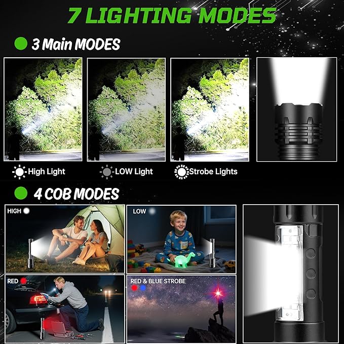 4Pack Rechargeable Flashlights, 7Mode Flashlights High Lumens, Super Bright LED Flashlight