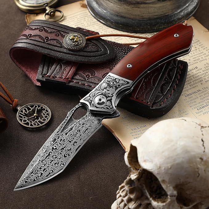 Damascus Steel Folding Pocket Knife with VG10 Core, Wooden Handle & Leather Sheath, Outdoor Knife