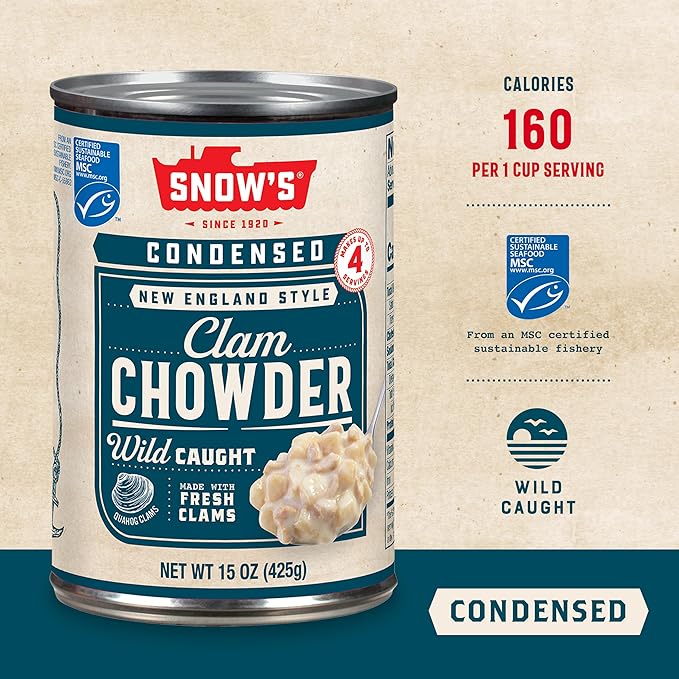 Snow's Condensed New England Clam Chowder, 15 oz Can (Pack of 12) - 4g Protein per Serving