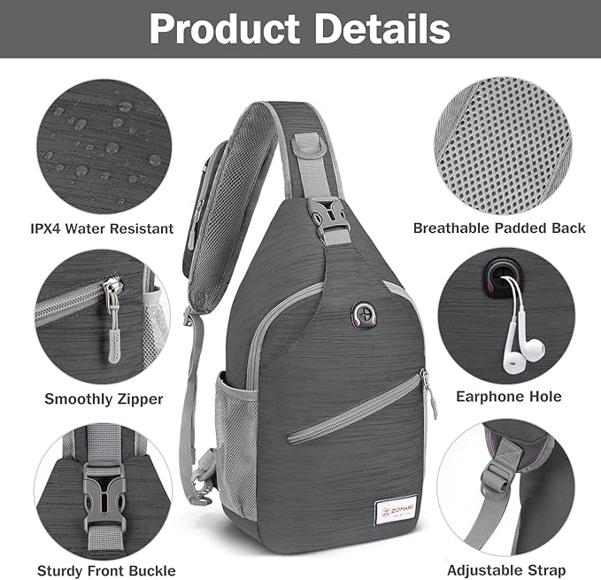 ZOMAKE Sling Bag,Small Crossbody Sling Backpack,Water Resistant Shoulder Daypack for Travel,Anti