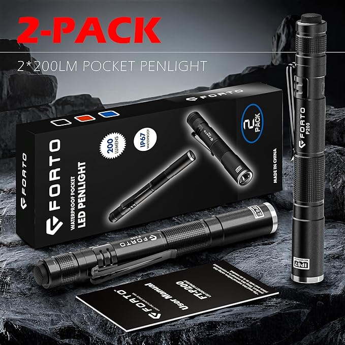 FORTO LED Pen Light, 200 Lumens Pocket Flashlight, IP67 Waterproof, 2 Modes, 2 Pack with AAA