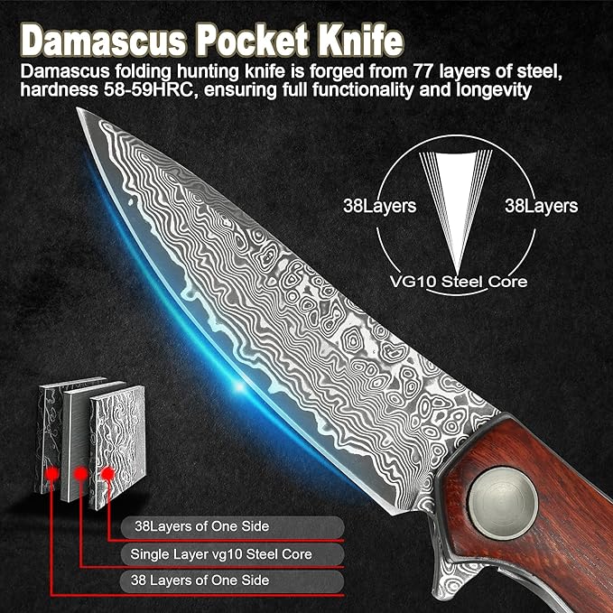 AUBEY Damascus Folding Pocket Knife Handmade with Clip for Men, Damascus Hunting Knife EDC Knife