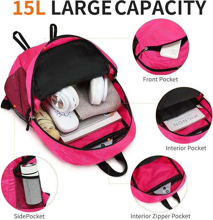 Small Hiking Daypack,15L Waterproof Hiking Backpack Packable Lightweight Travel Day Pack for Women