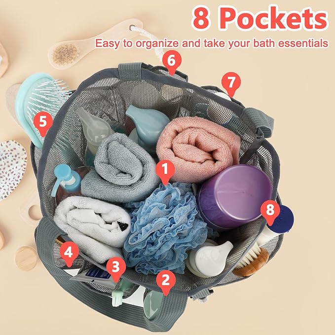 Mesh Shower Caddy Portable for College Dorm Room Essentials, 8-Pocket Large Shower Basket Tote Bag