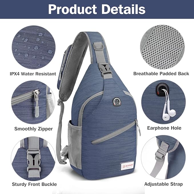 ZOMAKE Sling Bag,Small Crossbody Sling Backpack,Water Resistant Shoulder Daypack for Travel,Anti