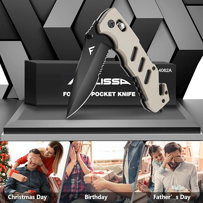 FLISSA Folding Pocket Knife with Clip, Glass Breaker and Seatbelt Cutter, Survival Knife for