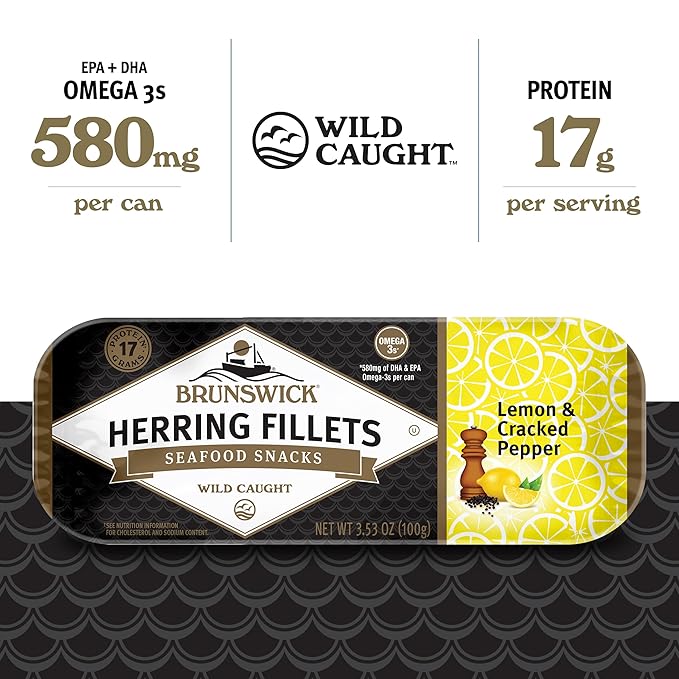 Brunswick Herring Fillets in Lemon & Cracked Pepper, 3.53 Oz (Pack of 12) - 15g Protein per Serving