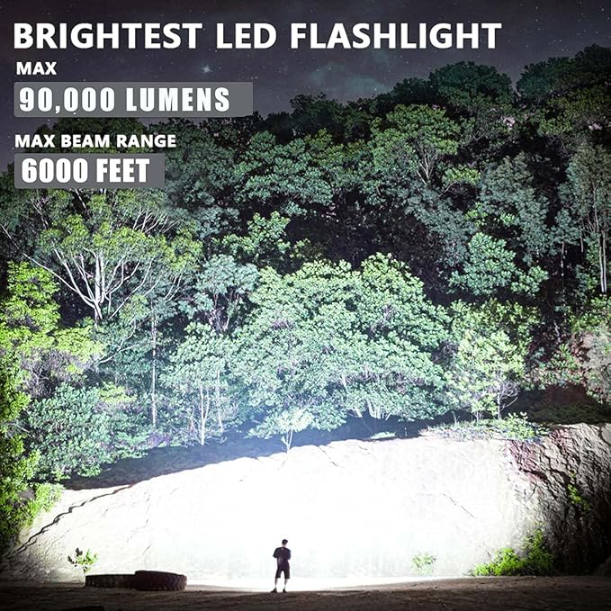 LBE Rechargeable Brightest LED Flashlight, 90,000 High Lumens Super Bright Powerful Flashlight with