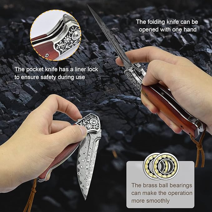 KOMWERO Damascus Pocket Knife, VG10 Damascus Steel Folding Knife with Wood Handle, Leather Sheath