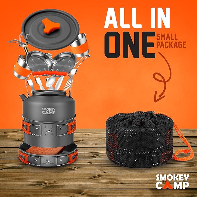 Camping Cookware Mess Kit Set with Stove - Backpacking Camping Pots and Pans Set, All in One
