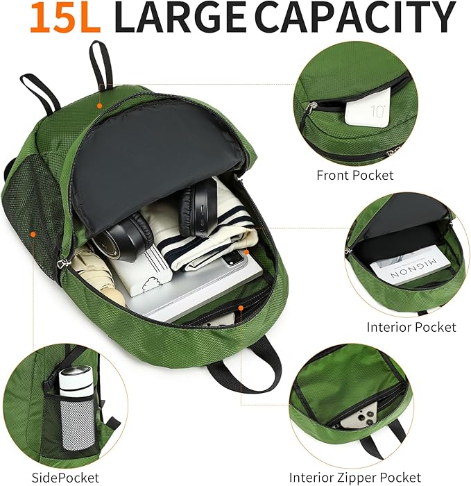 Small Hiking Daypack,15L Water-Resistant Hiking Backpack Packable Lightweight Travel Day Pack for