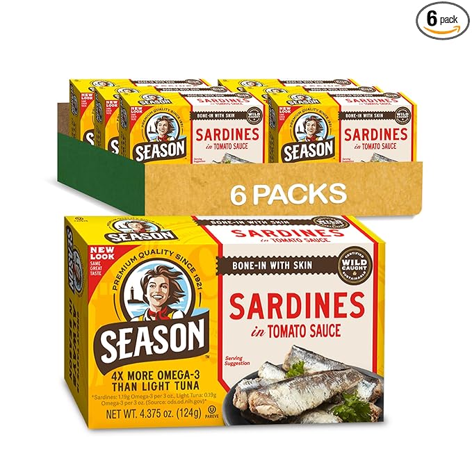 Season Sardines in Tomato Sauce - Wild Caught, 22g of Protein, Keto Snacks, More Omega 3's Than