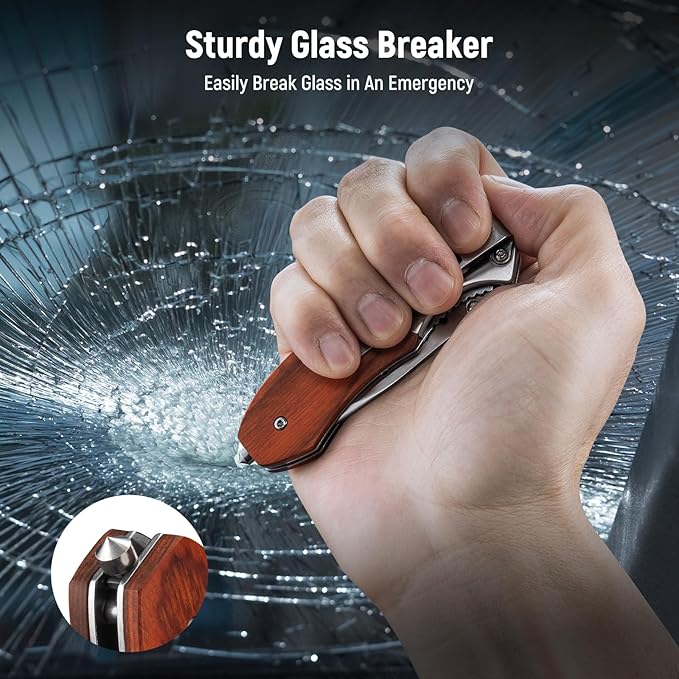 Pocket Knife for Men - 2.98" Sharp Blade Wood Handle Pocket Folding Knives with Clip, Glass Breaker