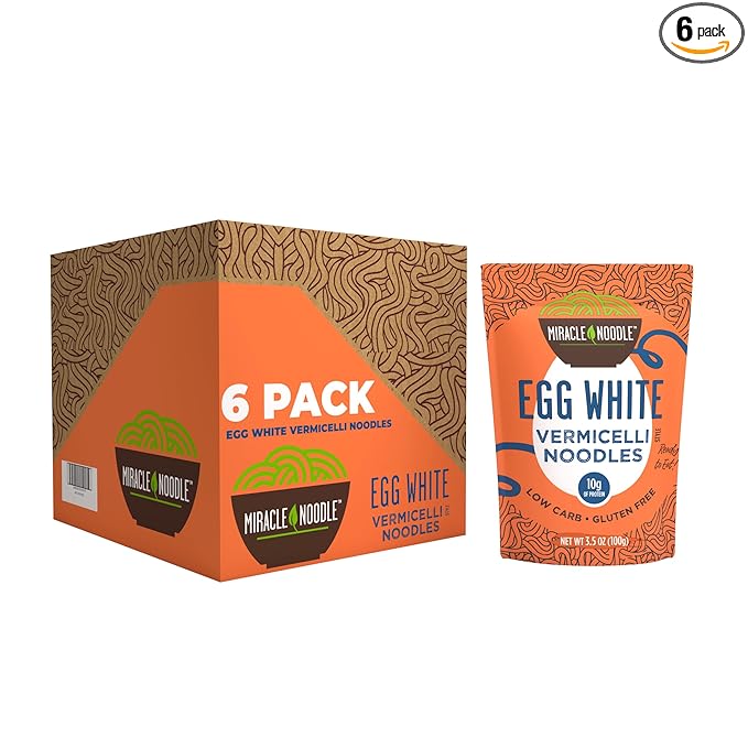 Miracle Noodle Egg White Vermicelli Pasta, 3.5 Oz (Pack of 6), Ready to Eat Egg White Noodles, 10g