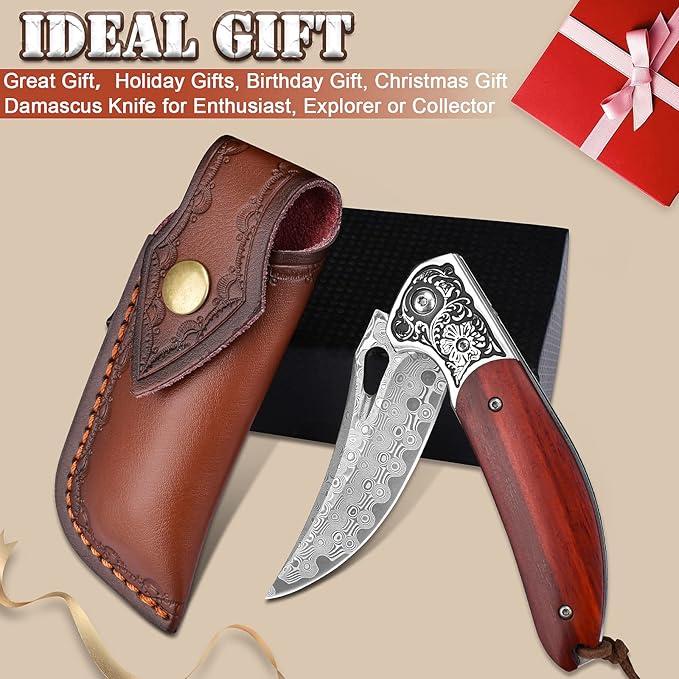 KOMWERO Damascus Pocket Knife for Men Women, Sharp VG10 Core Damascus Steel Knife for Outdoor