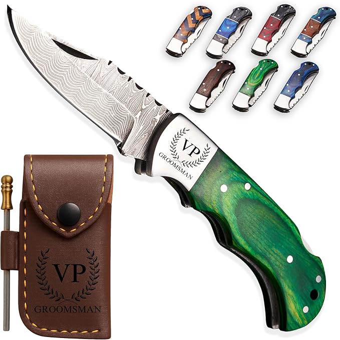 Personalized Folding Knife, Damascus Green Pocket Knife, Gifts for Men, Husband, Boyfriend, Dad