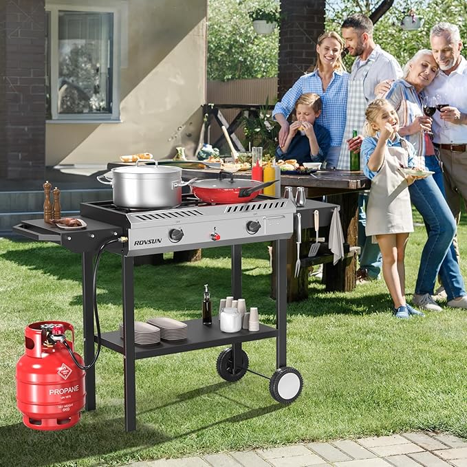 ROVSUN 2 Burner Outdoor Propane Gas Stove with Auto-ignition, Regulator & Shelf, 150,000 BTU