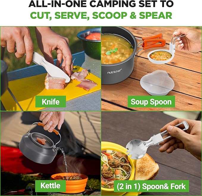 NutriChef Camping Cookware Set - Lightweight Nonstick Pots, Pans, Utensils, Bowls, Cutlery, and