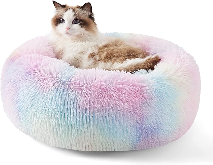 Bedsure Calming Cat Beds for Indoor Cats - Small Washable Round Cat Bed, Anti-Slip Fluffy Plush