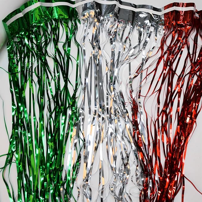BRAVESHINE 2 Pack Fringe Backdrop Red Silver Green Christmas Party Decorations 3.2 x 6.6 ft Tinsel