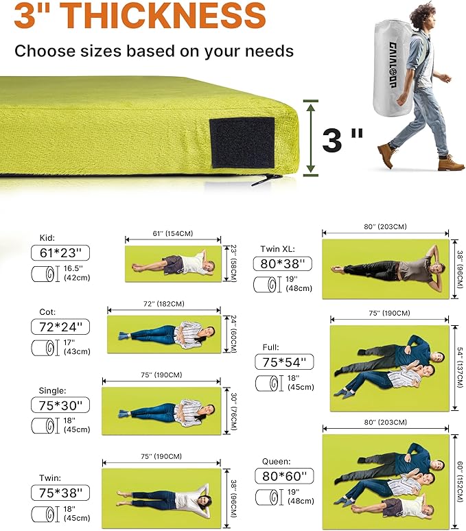 3 Inch GAIALOOP Thick Memory Foam Camping Mattress Sleeping Pad [Car/Tent/Cot] Glamping Portable