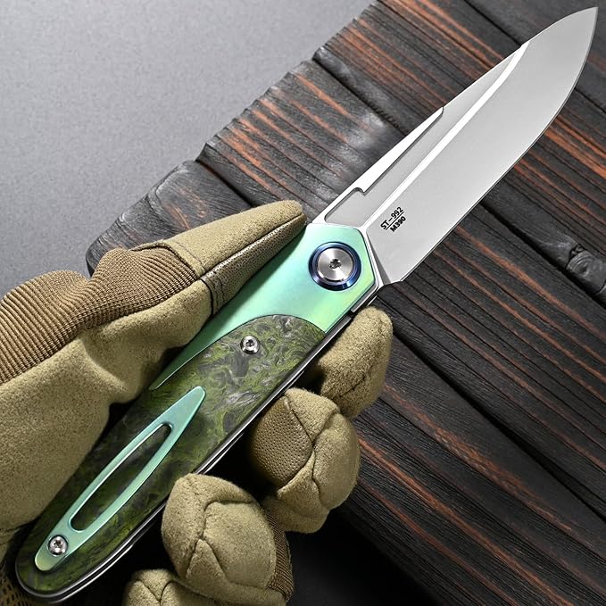 Sitivien ST992 Folding Pocket Knife,Handmade M390 Pearlescent Brushed Steel Blade,Titanium Carbon