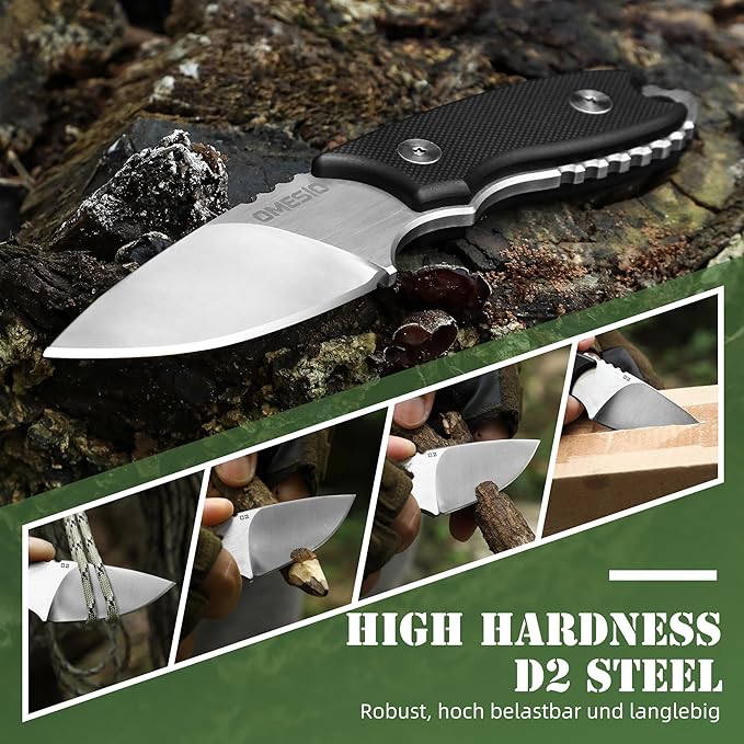 Omesio Neck Knife, 5.43" Neck Knife with Sheath and Necklace, Full Tang Small Fixed Blad Knife D2