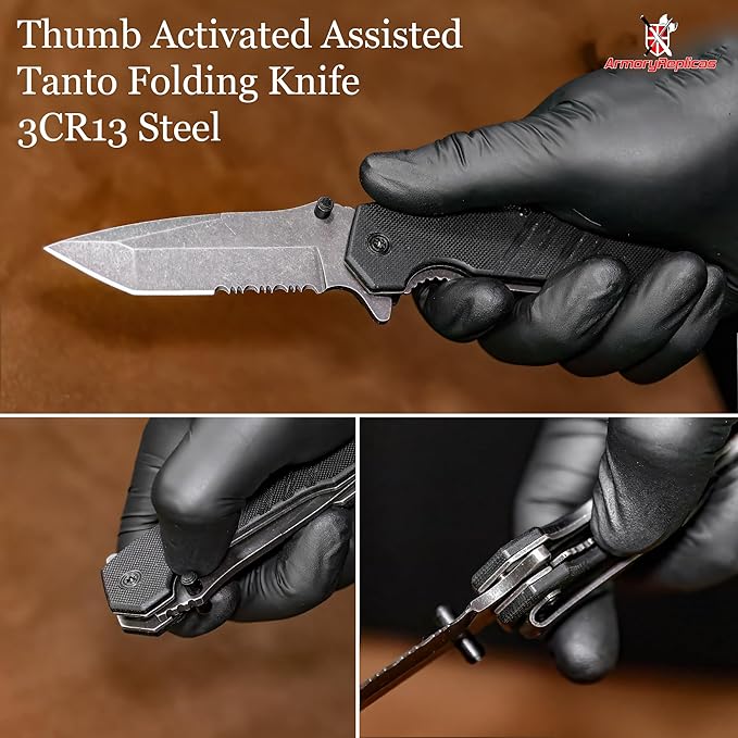 Armory Replicas??Alpha Force Tanto Spring Assisted Knife ??3CR13 Steel Blade, Stonewash Finish, G10