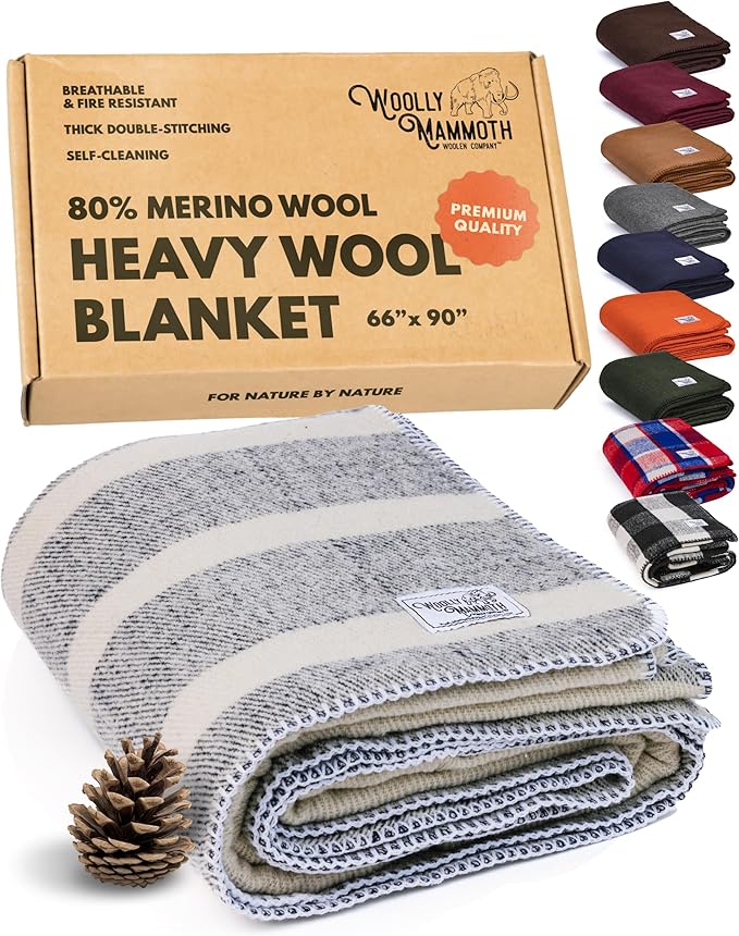 Woolly Mammoth Woolen Company Wool Blanket - 66 x 90 in, Navy & Cream Stripe, Farmhouse Style