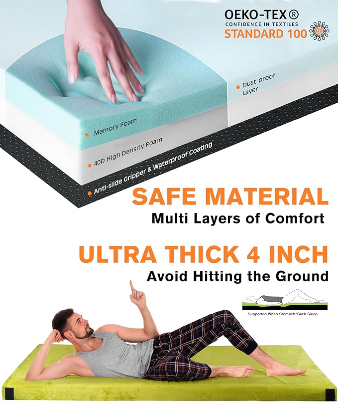 4 Inch GAIALOOP Extra Thick Memory Foam Camping Mattress, Roll Up Floor Sleeping Mat Camp Cot
