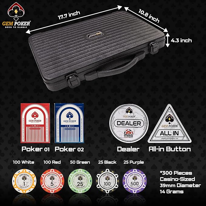 Luna 14 Gram Clay Poker Chips Set for Texas Hold’em, 300PCS Numbered Chips, Features a High-end