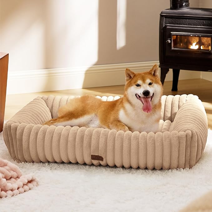 Bedsure Cute Dog Beds Large Sized Dog - Washable Furry Pet Beds, Rectangle Orthopedic Corduroy