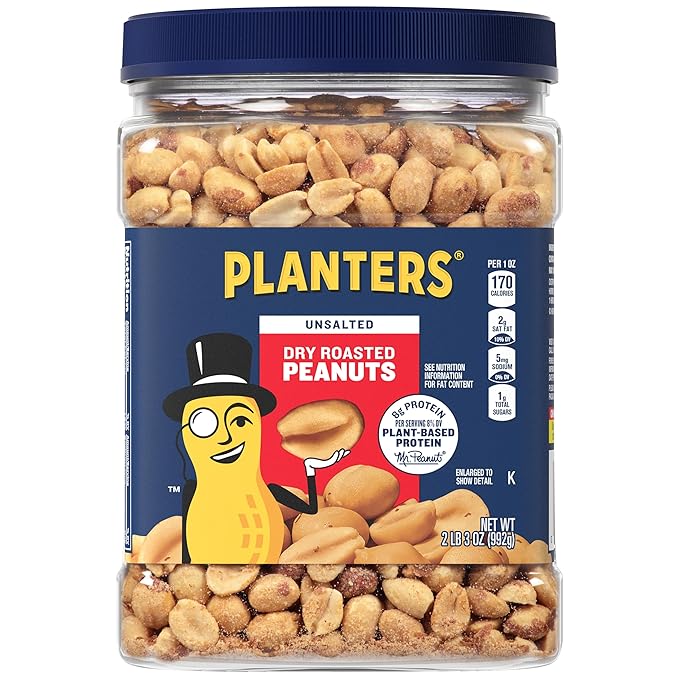 PLANTERS Unsalted Dry Roasted Peanuts, Resealable Jar, Kosher Nuts, Plant-Based Protein, Quick